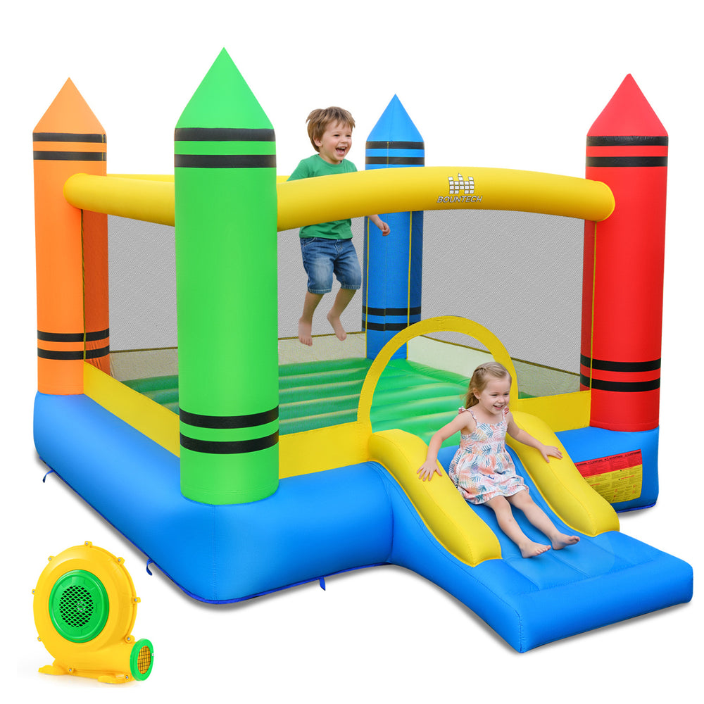 Colorful crayon-themed inflatable bounce house with slide, made from durable 420D Oxford cloth, perfect for kids'.