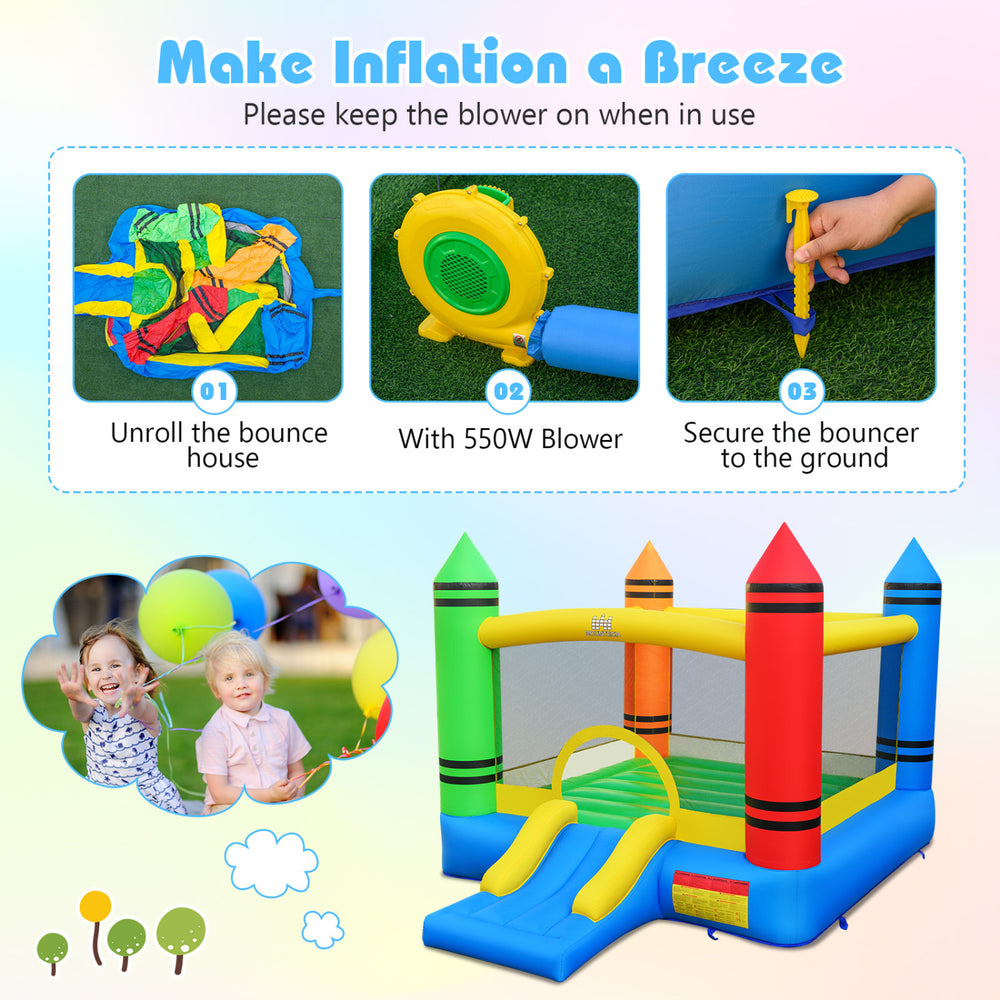 Crayon-themed inflatable bounce house with slide, made of durable 420D Oxford cloth, ideal for kids' parties and.