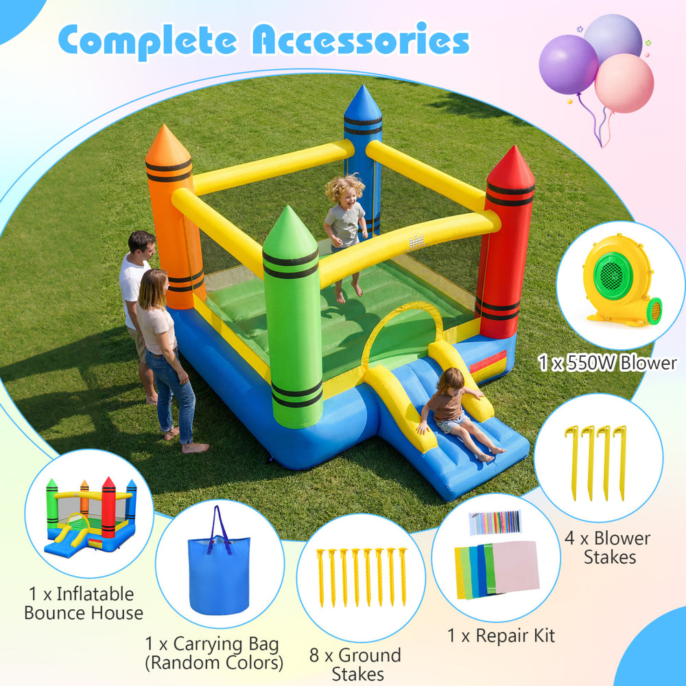 Inflatable bounce house with crayon theme, featuring a slide, mesh walls, and 550W blower for easy setup and fun.