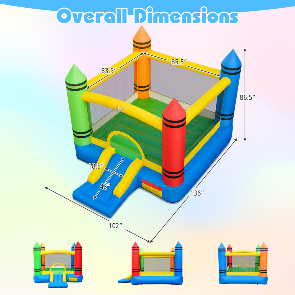 Dimensions of the colorful crayon-themed inflatable bounce house with slide, suitable for kids' parties and gatherings.