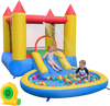 Inflatable bounce house with water slide, multicolor design, features splash pool and balls for outdoor fun.