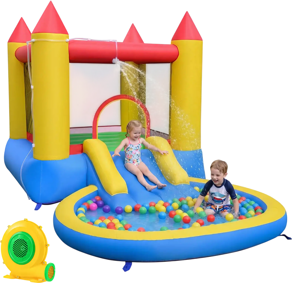Inflatable bounce house with water slide, multicolor design, features splash pool and balls for outdoor fun.
