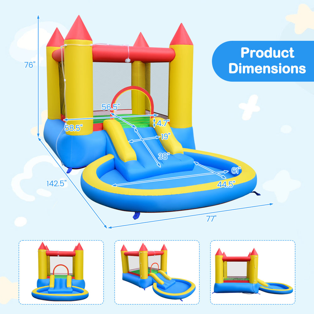 Inflatable bounce house with water slide, multicolor design, featuring a splash pool for outdoor fun and safety.