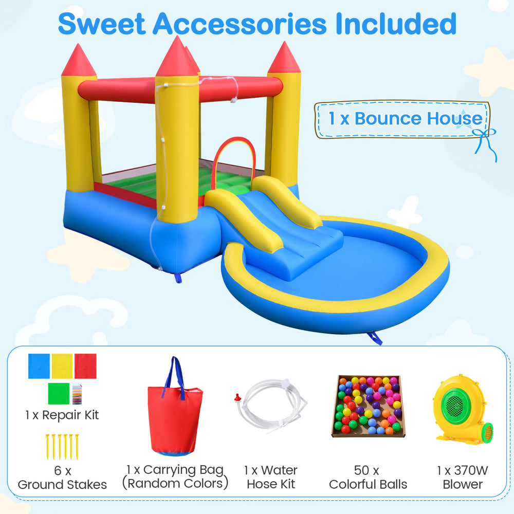 Close-up of the inflatable bounce house water slide, showcasing the vibrant multicolor design and raised safety.