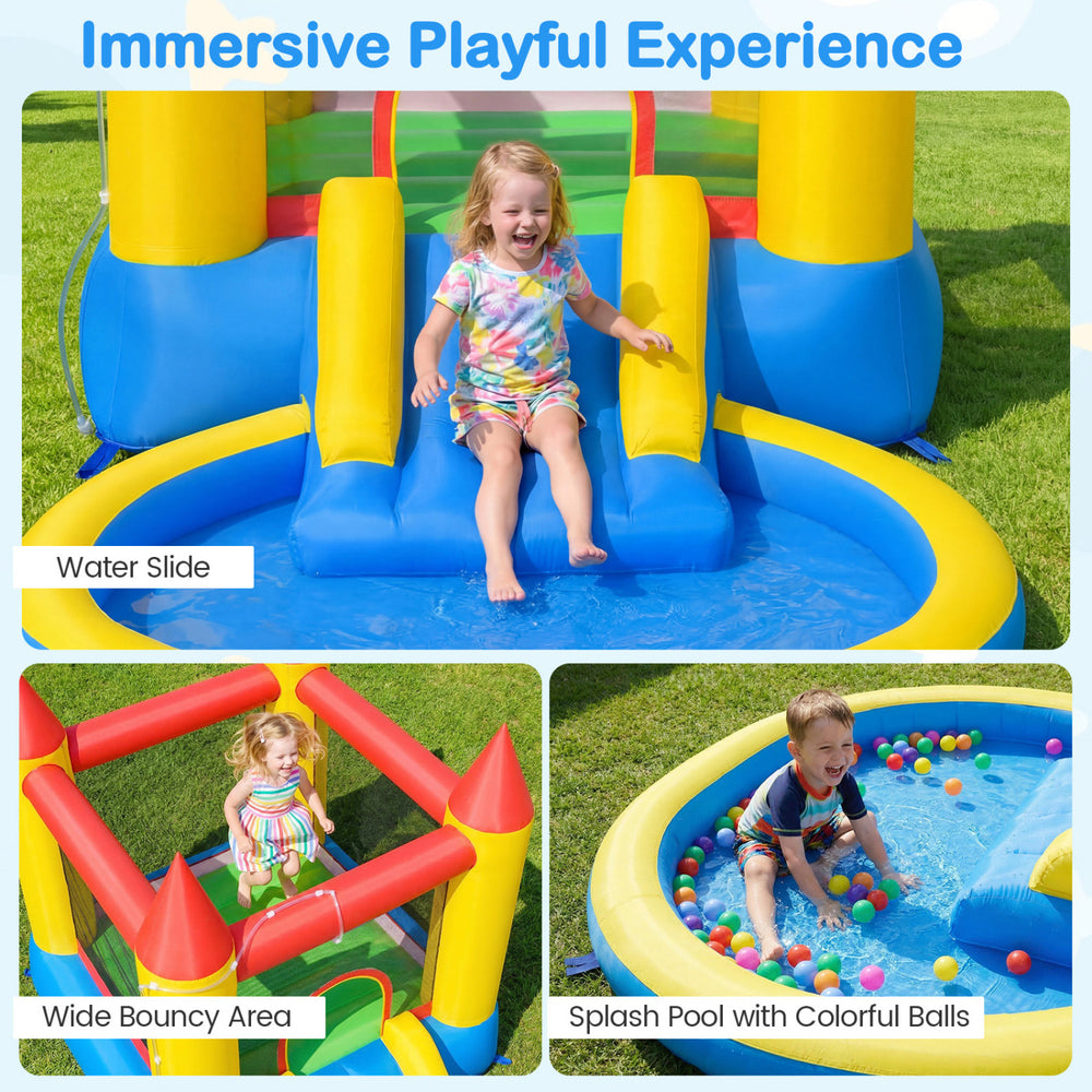Children enjoying the Inflatable Bounce House with Water Slide, featuring a splash pool and colorful balls for fun.