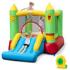 Smiley face inflatable bounce house with slide, basketball hoop, and 480W blower for outdoor fun and entertainment.