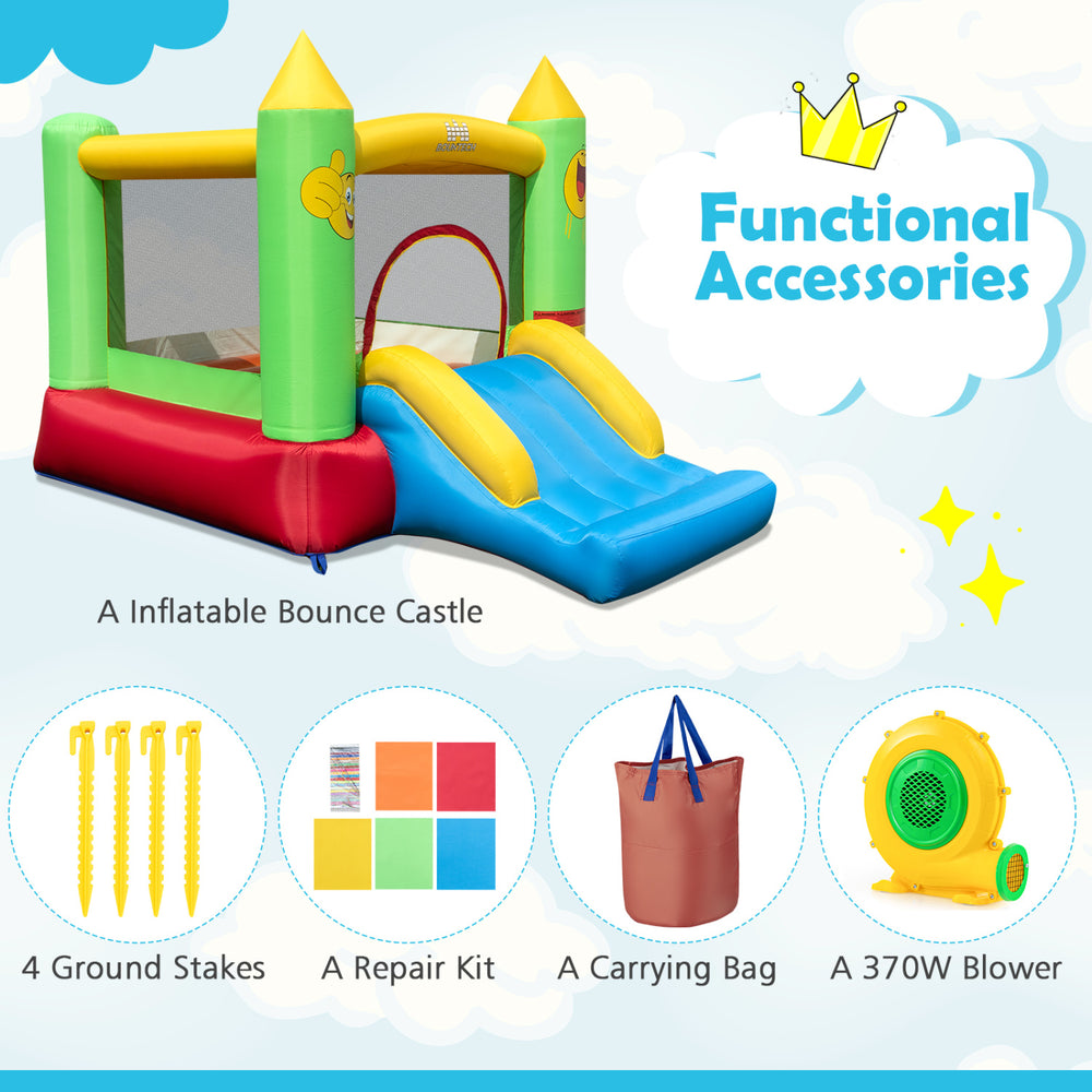 Inflatable bounce house with slide, made of durable 420D oxford cloth, perfect for kids' outdoor fun and playtime.