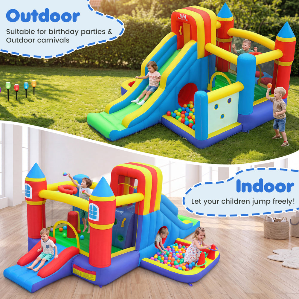Brightly colored inflatable bounce house with slide, climbing wall, and basketball hoop for indoor and outdoor fun.