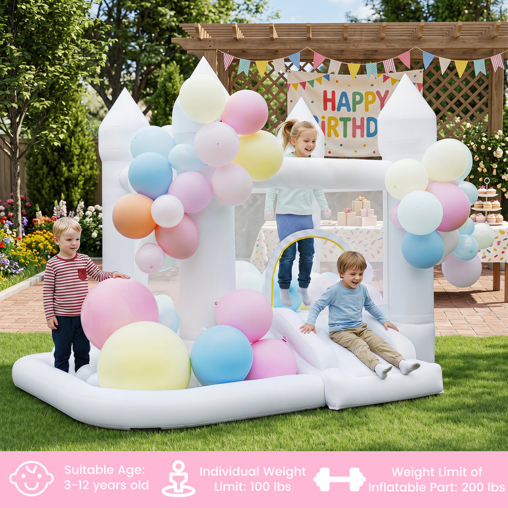 Colorful inflatable bounce house with slide, basketball hoop, and mesh walls for outdoor birthday parties and fun.