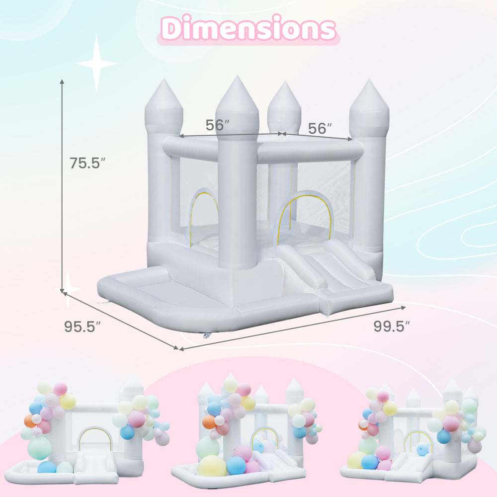 Inflatable bounce house with slide, basketball hoop, and colorful balloons, perfect for outdoor parties and fun activities.