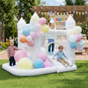 Inflatable bounce house with colorful balloons, slide, basketball hoop, and mesh walls for safe outdoor fun.