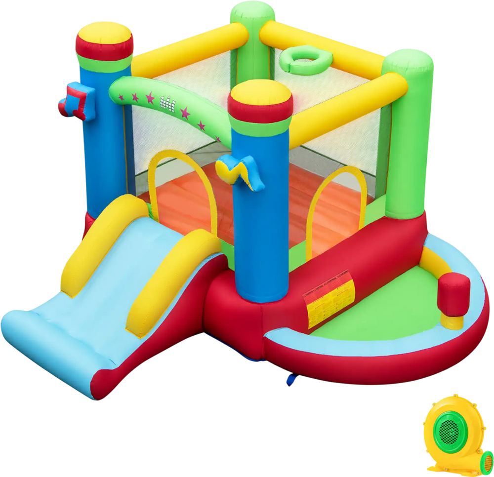 Music-themed inflatable bounce house with slide, basketball hoop, and ball pit for kids' outdoor fun and creativity.