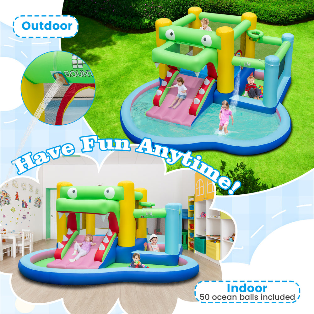 Crocodile-themed inflatable bounce house with slide and splash pool, includes 50 ocean balls for indoor and outdoor fun.