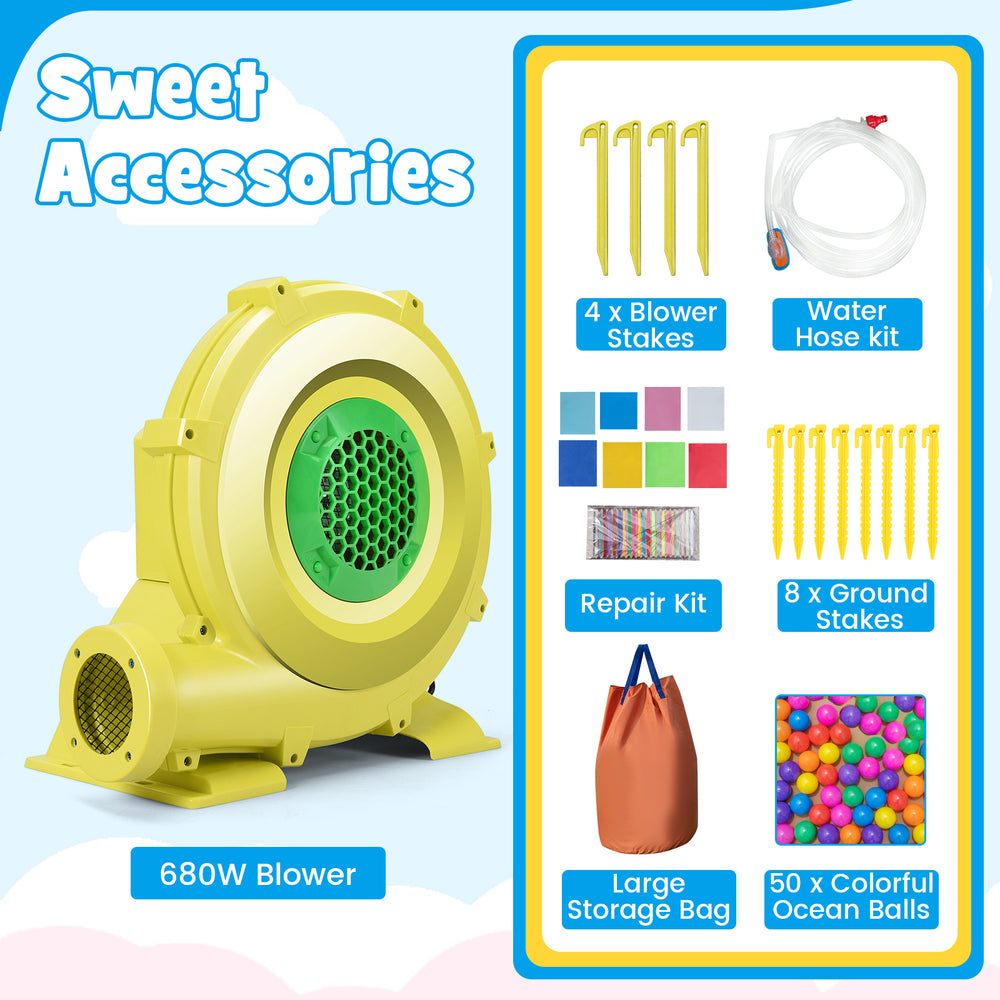 680W blower for inflatable bounce house, includes water hose kit, stakes, and storage bag for easy setup and fun.