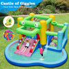 Colorful inflatable bounce house with slide and splash pool, made of durable 420D Oxford fabric, perfect for outdoor.
