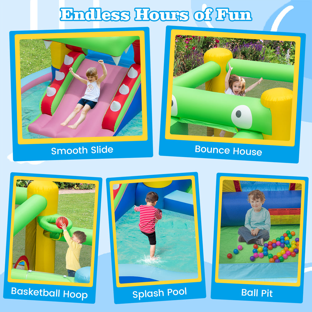 Crocodile-themed inflatable bounce house with slide, splash pool, and 50 colorful ocean balls for outdoor fun.