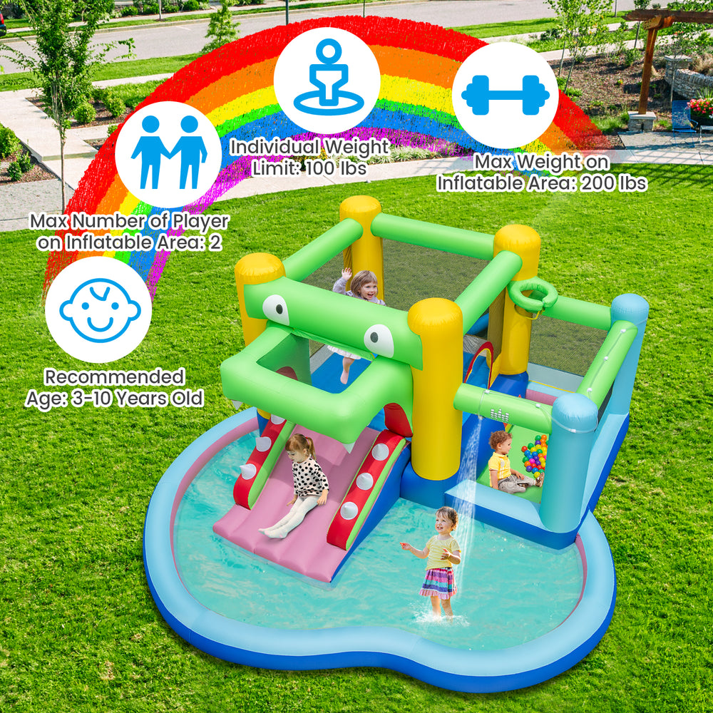 Crocodile inflatable bounce house with slide and splash pool, featuring waterproof fabric and safety mesh walls for.