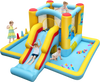 Colorful inflatable bounce house with slide and tunnel, featuring 7 play settings for kids' outdoor fun.