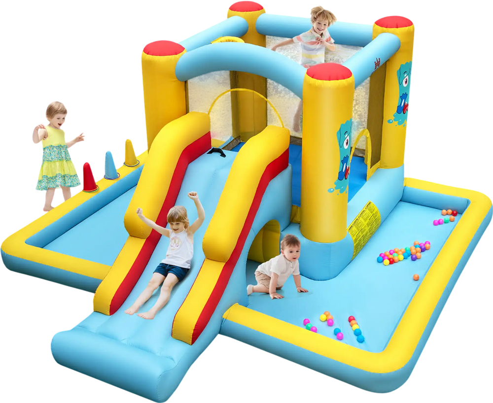 Colorful inflatable bounce house with slide and tunnel, featuring 7 play settings for kids' outdoor fun.