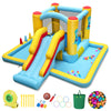 Inflatable bounce house with slide and tunnel, featuring 7 play settings and 50 ocean balls for kids' outdoor fun.