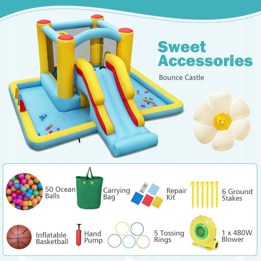 Inflatable Bounce House with slide and tunnel, featuring 50 ocean balls and 480W blower for endless outdoor fun.