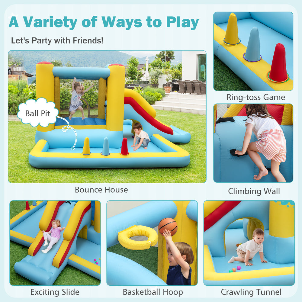 Inflatable bounce house with slide and tunnel, featuring vibrant colors and safety mesh, perfect for kids' parties and.