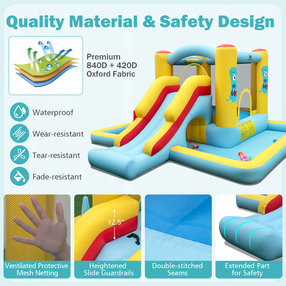 Inflatable Bounce House 7-in-1 with slide and tunnel, made of durable 840D+420D oxford fabric, perfect for kids'.