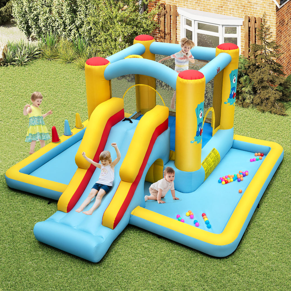 Colorful inflatable bounce house with slide and tunnel, featuring 7 play settings for kids' outdoor fun.