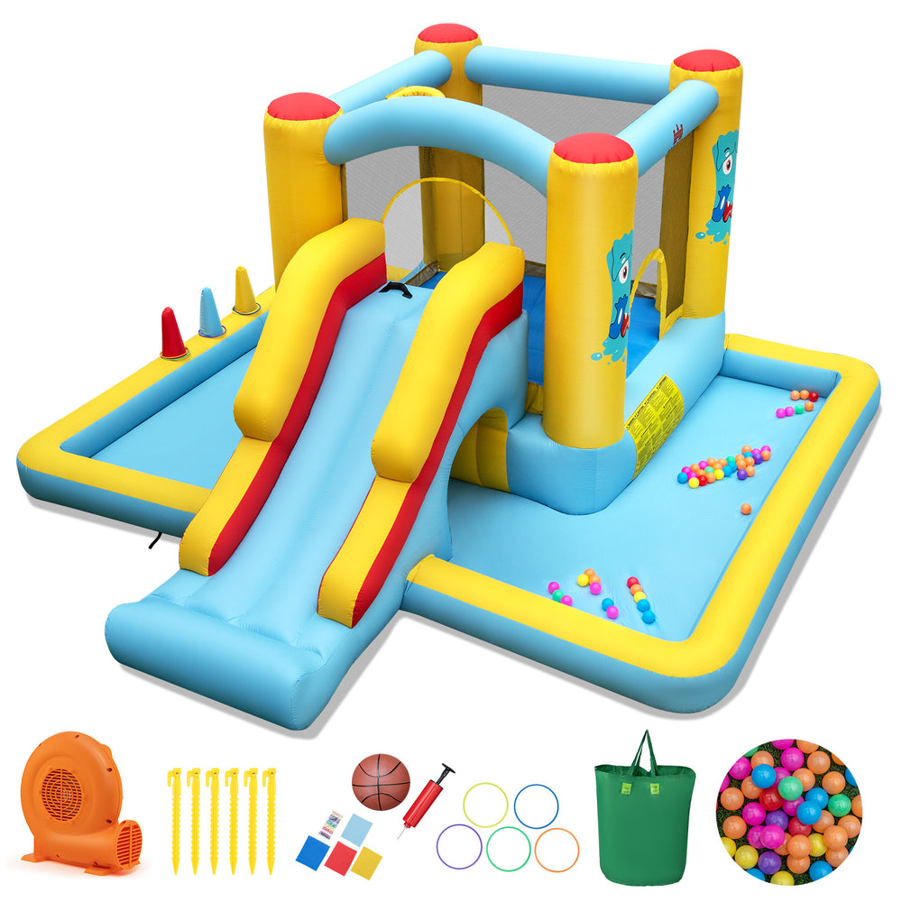 Inflatable bounce house with slide and tunnel, featuring 7 play settings and 50 ocean balls for endless outdoor fun.