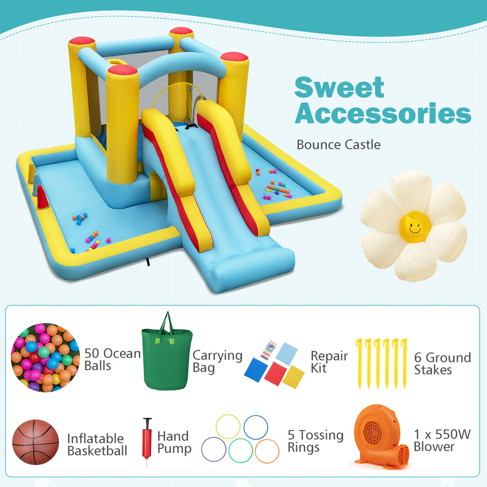 Inflatable Bounce House with slide and tunnel, featuring 7 play settings and 50 ocean balls for endless fun.