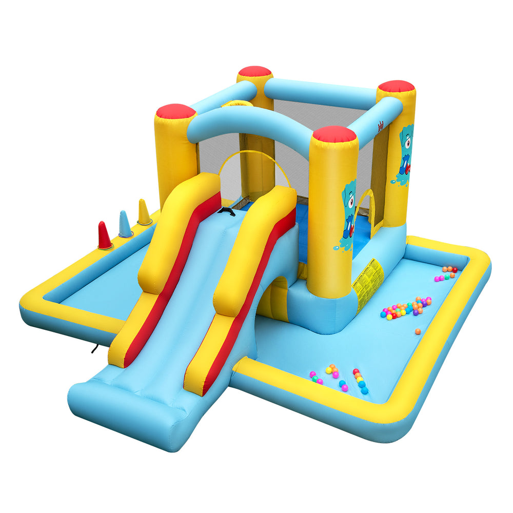Colorful inflatable bounce house with slide and tunnel, featuring 7 play settings for kids' outdoor fun.