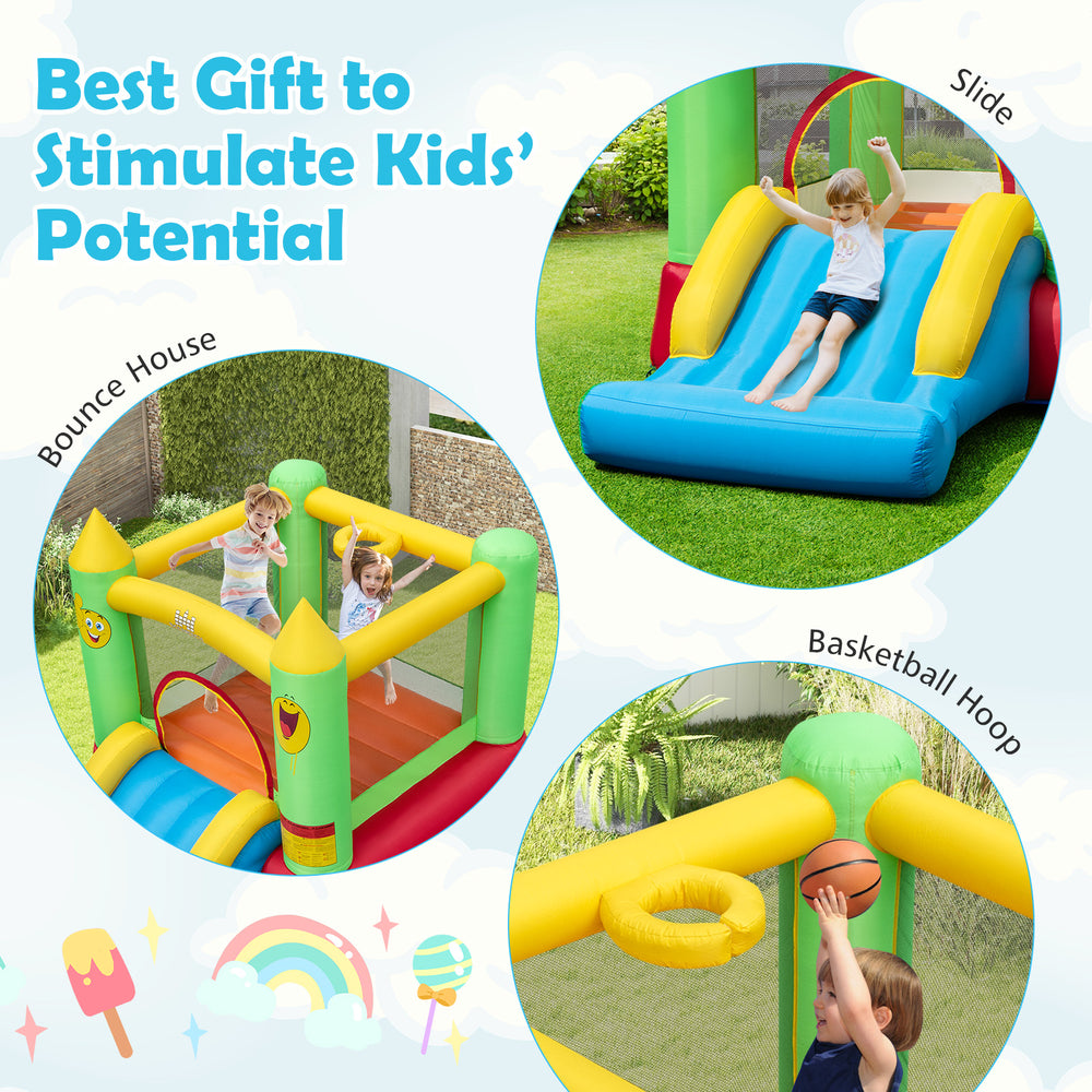 Smiley face inflatable bounce house with slide and basketball hoop, perfect for outdoor fun and kids' entertainment.