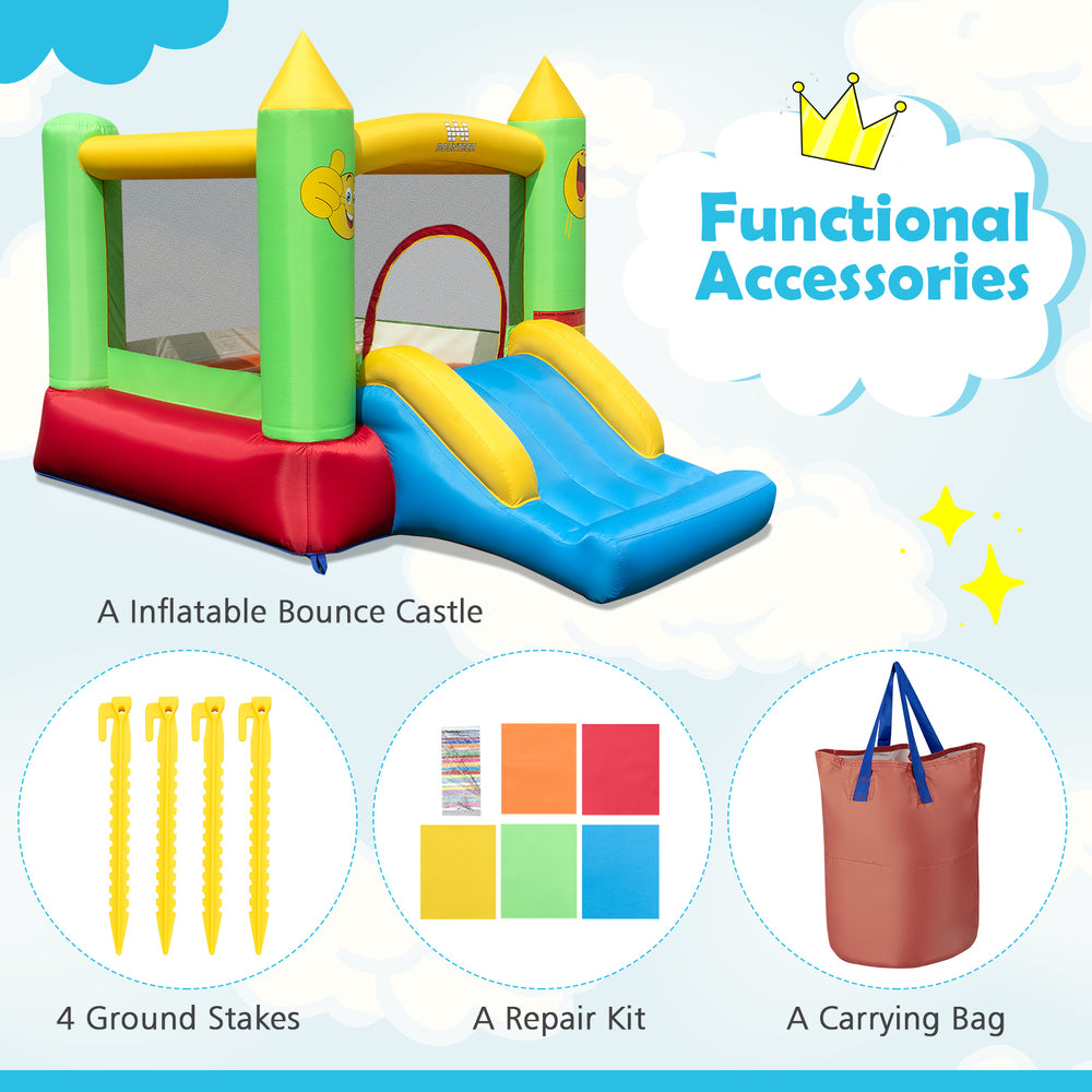 Inflatable bounce house with slide, made of durable 420D oxford cloth, perfect for kids' outdoor fun and play.