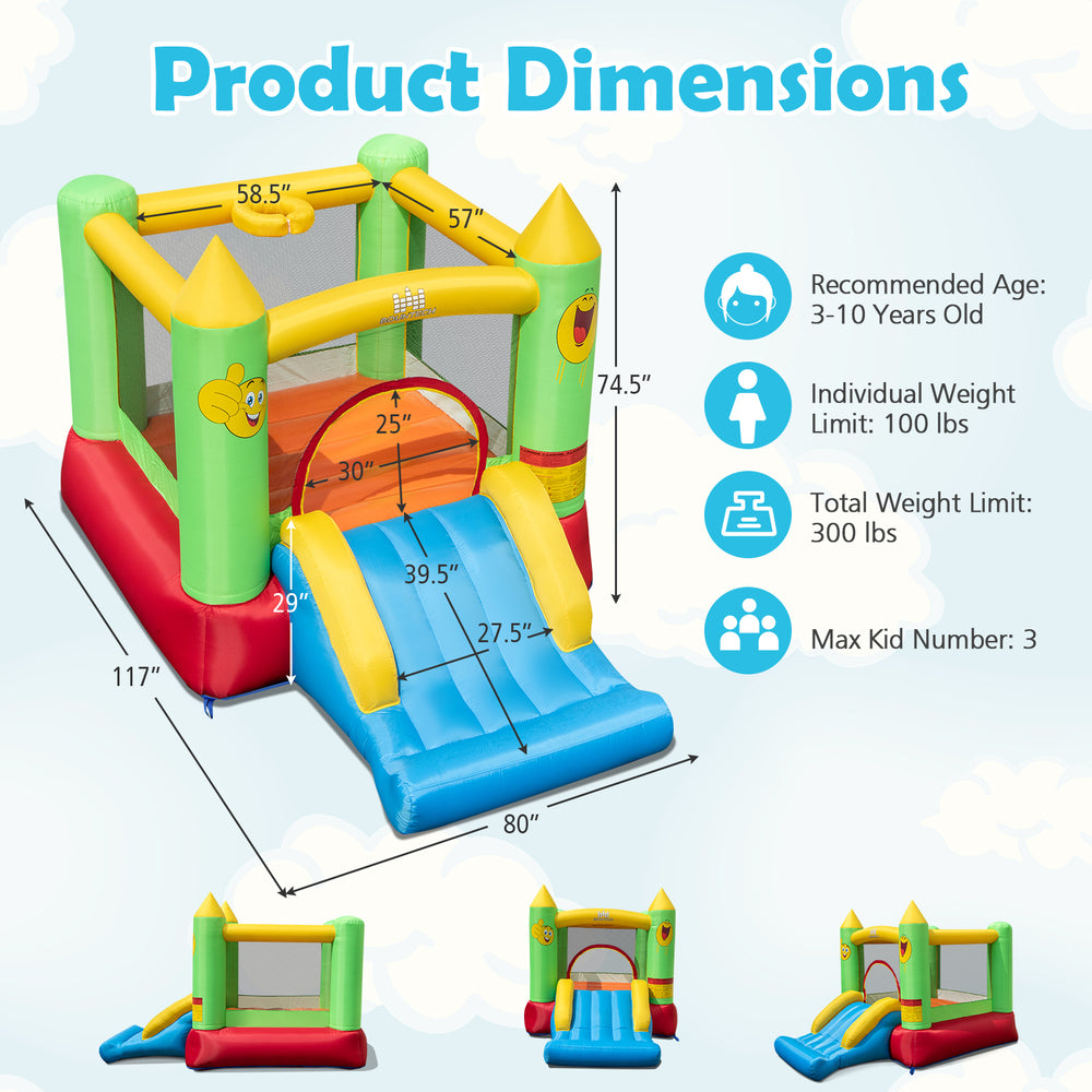 Inflatable bounce house dimensions with slide, made of durable 420D oxford cloth, ideal for kids' outdoor fun.