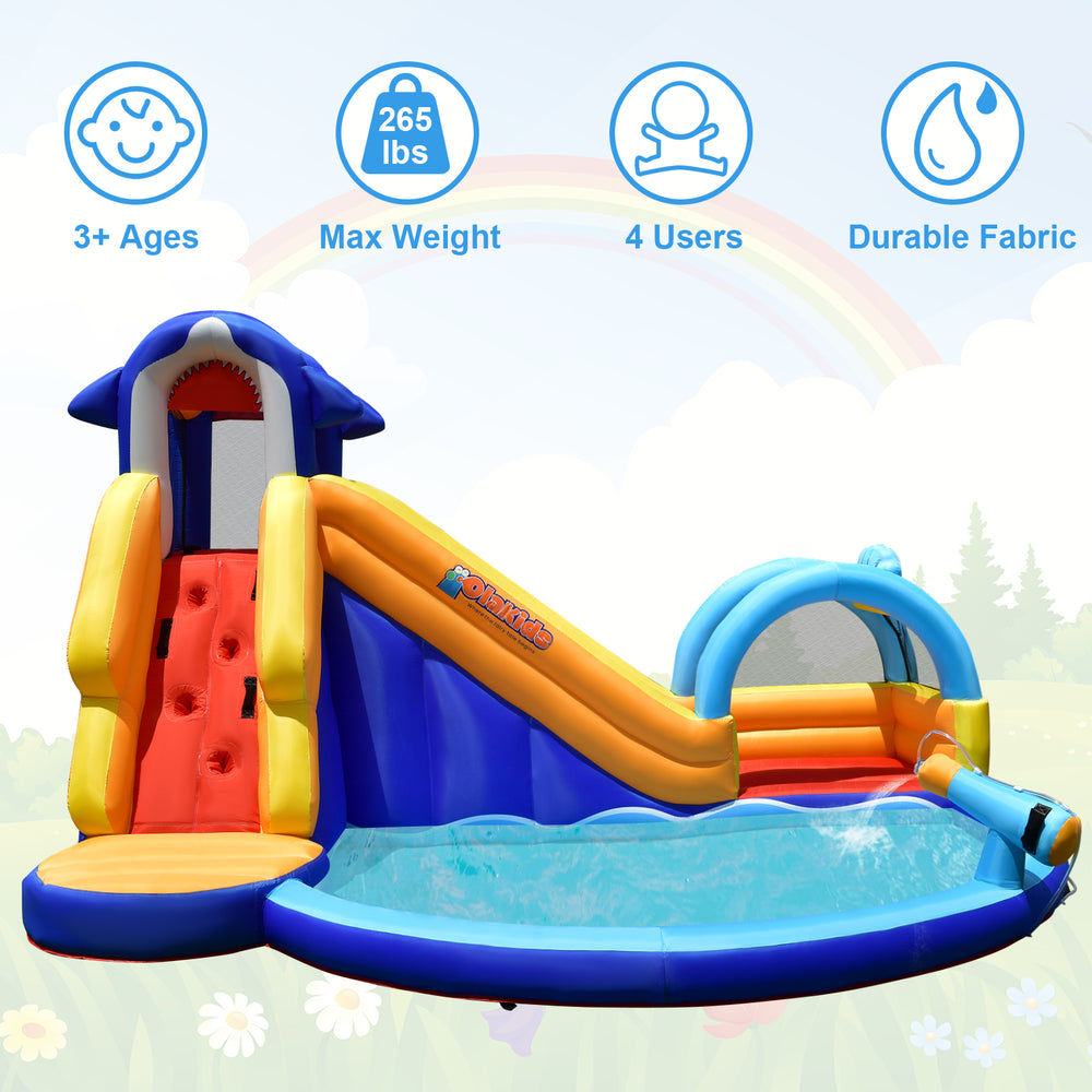Inflatable bouncy house with slide and splash pool, made of durable oxford material for safe outdoor fun.