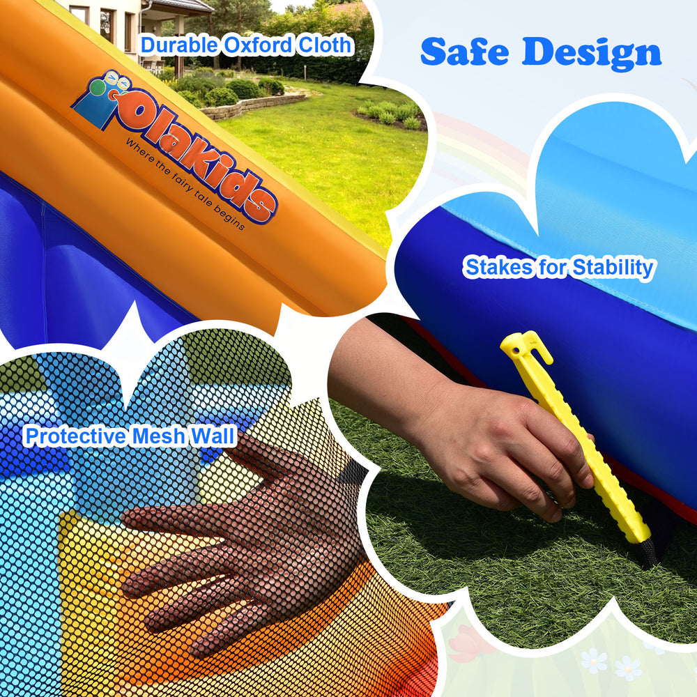 Inflatable bouncy house with slide, featuring durable oxford cloth, protective mesh walls, and stakes for stability.