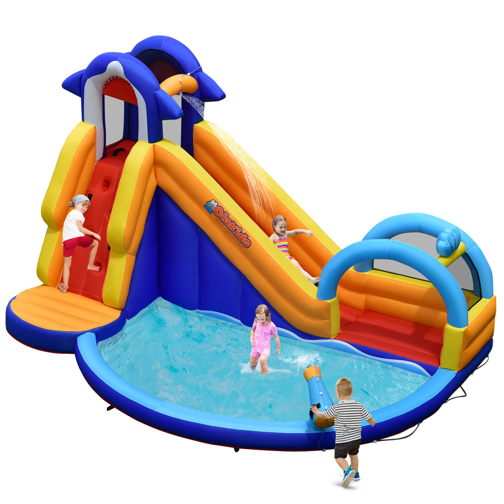 Inflatable bouncy house with water slide, featuring a splash pool and safe mesh walls for enjoyable outdoor play.