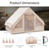 Dimensions of the beige inflatable camping tent, suitable for 4-6 people, showcasing its spacious design and setup.