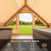 Spacious beige inflatable camping tent with 6.4 ft height, fitting 4 sleeping bags or 2 air mattresses for family.