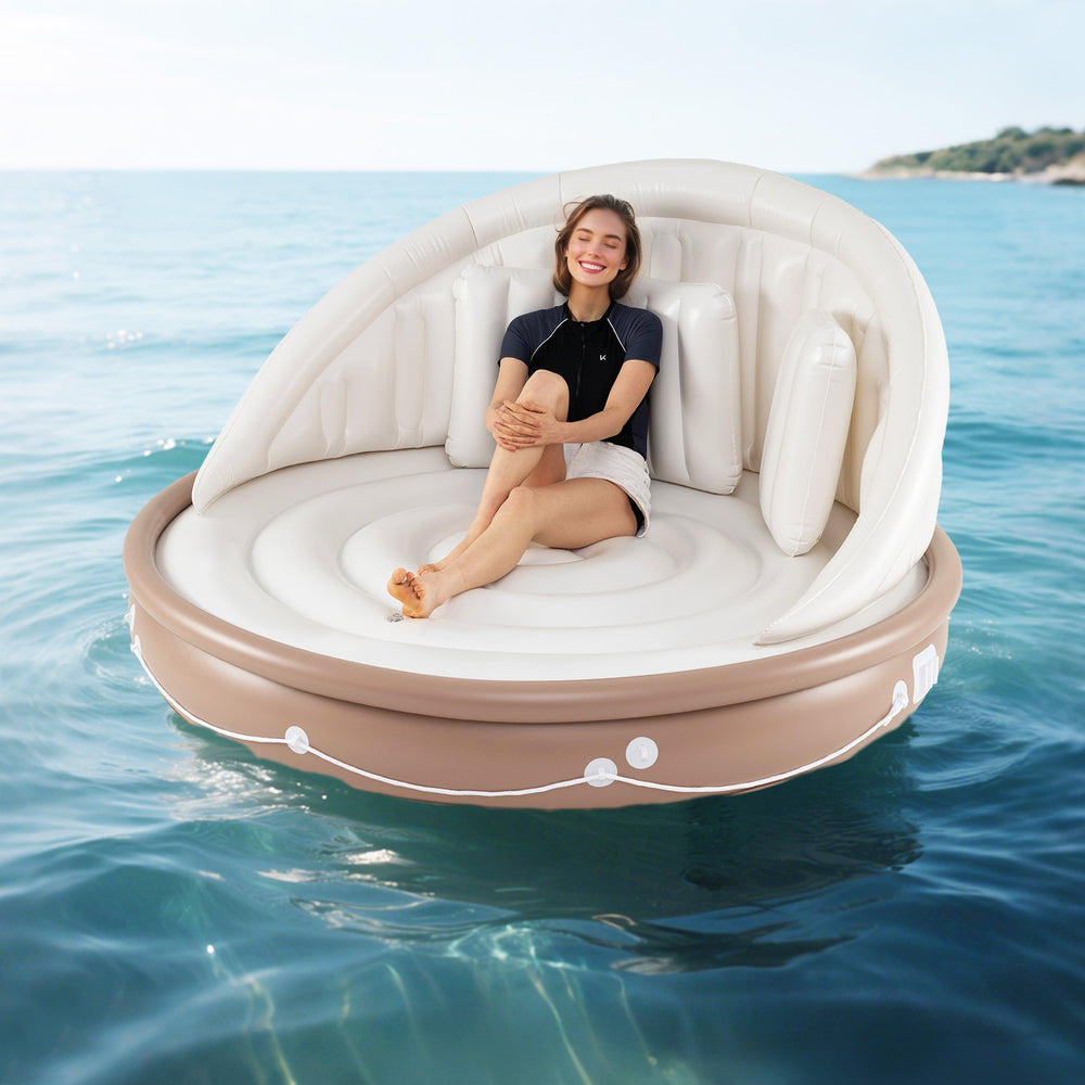 Inflatable Canopy Island Tanning Pool Lounger Float with retractable canopy, featuring SPF 50+ protection for beach.