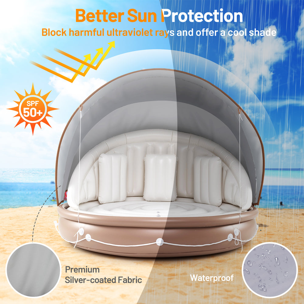 Inflatable canopy island lounger float with SPF 50+ silver-coated fabric, ergonomic design, and waterproof PVC for.