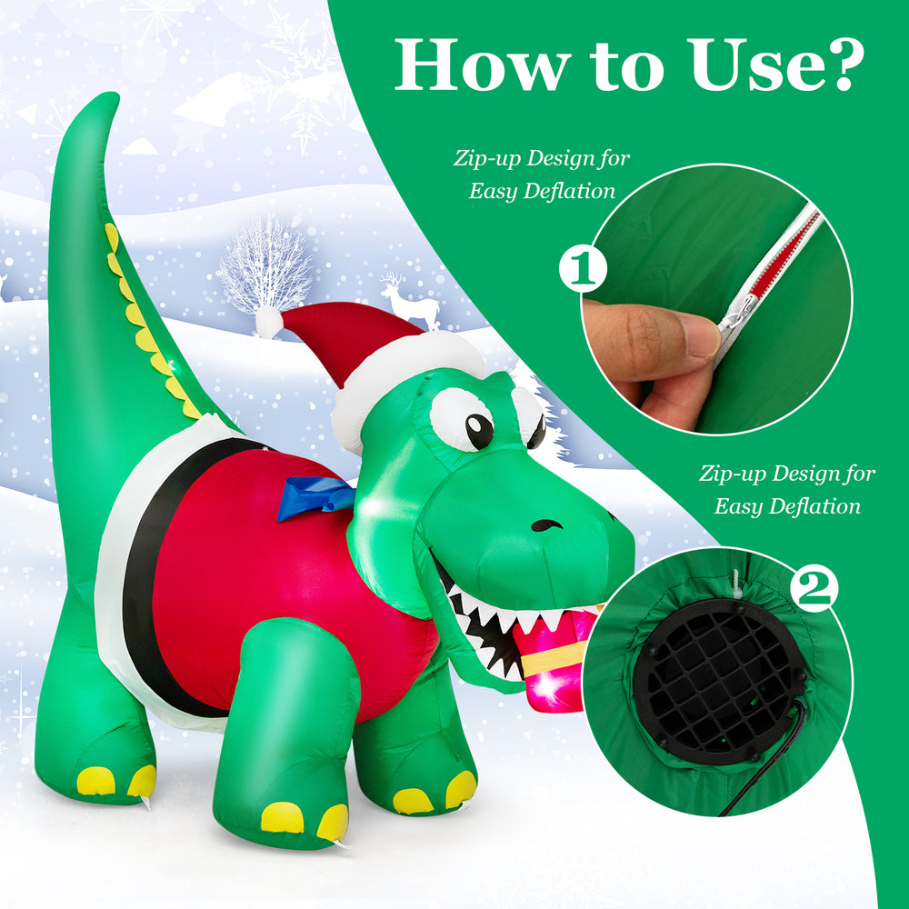 Inflatable dinosaur Christmas decoration with LED lights, featuring a Santa hat and gift box for festive outdoor fun.