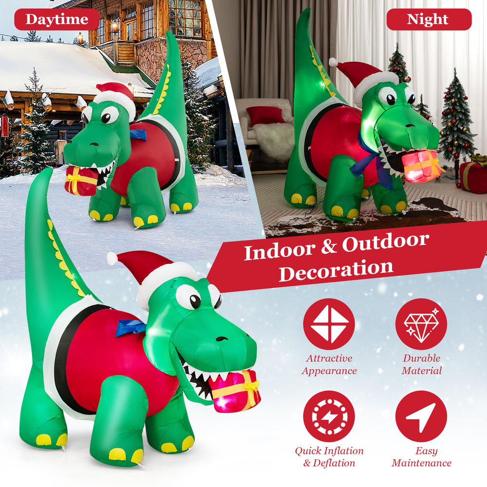 Inflatable dinosaur Christmas decoration with LED lights, perfect for indoor and outdoor festive displays.
