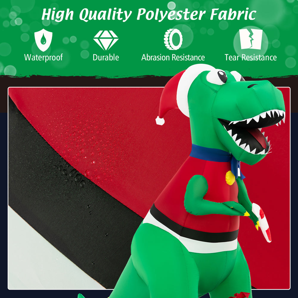 6FT inflatable dinosaur Christmas decoration with LED lights, made of waterproof polyester fabric for outdoor use.