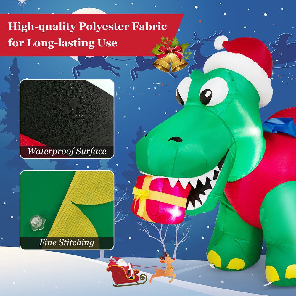 Inflatable dinosaur Christmas decoration with LED lights, made of durable polyester fabric for outdoor and indoor use.