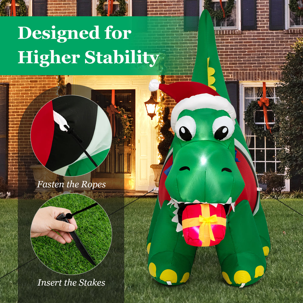 Inflatable dinosaur Christmas decoration with LED lights, featuring a Santa hat and gift box for festive outdoor cheer.