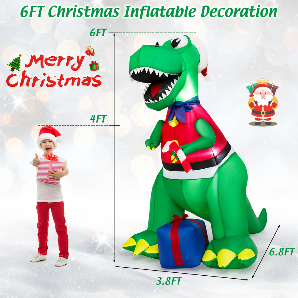 6FT inflatable dinosaur Christmas decoration with LED lights, hat, and gift box for festive outdoor display.