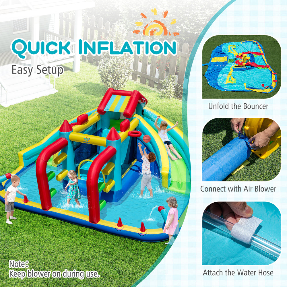 Inflatable Double Water Slide Park featuring slides, obstacle course, and 735W blower for year-round fun in the.