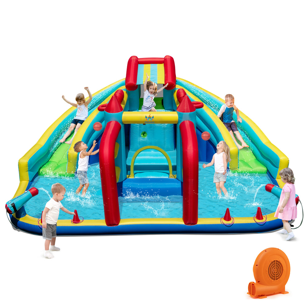 Inflatable Double Water Slide Park with climbing wall, water cannons, and basketball hoops for outdoor fun.