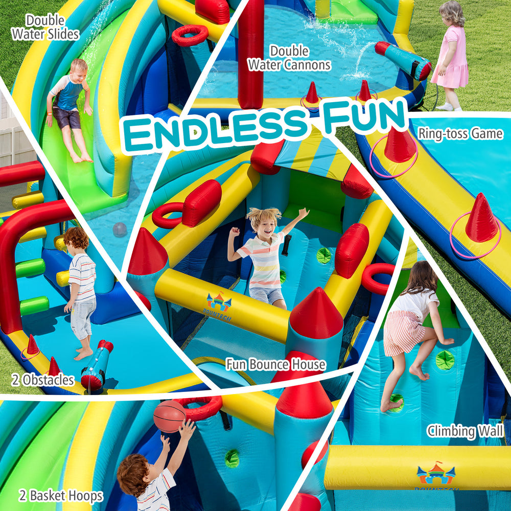 Inflatable Double Water Slide Park featuring water slides, climbing wall, and basketball hoops for outdoor fun.
